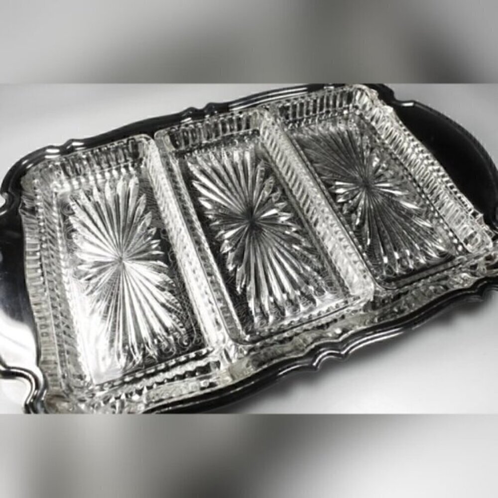Vintage Oneida Silverplate Relish Tray w Glass Insert NIB Chippendale